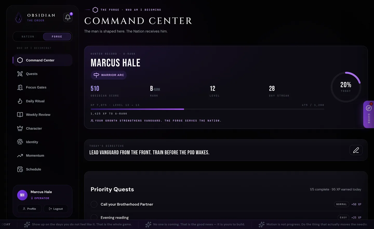 The Obsidian dashboard — the Forge command center with rank, level and quests
